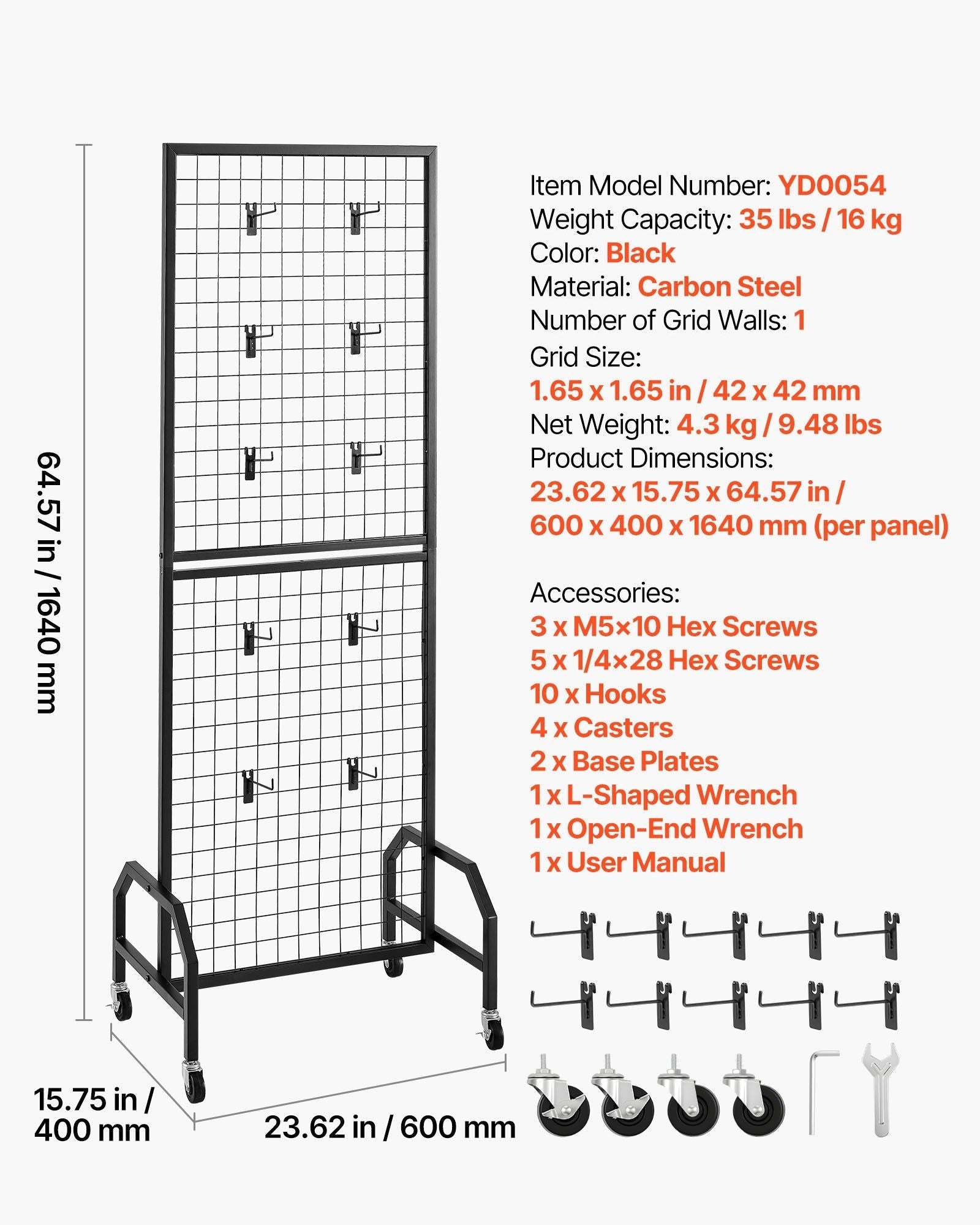 Grid Wall Panel, 1.9 x 5.4 ft Wire Grid Panels Display Rack, Movable Art Display Shelf with Wheels and 10 Hooks, Black Carbon Steel Gridwall for Craft Show, Decoration, Storage, Notice Board - Task & Tether