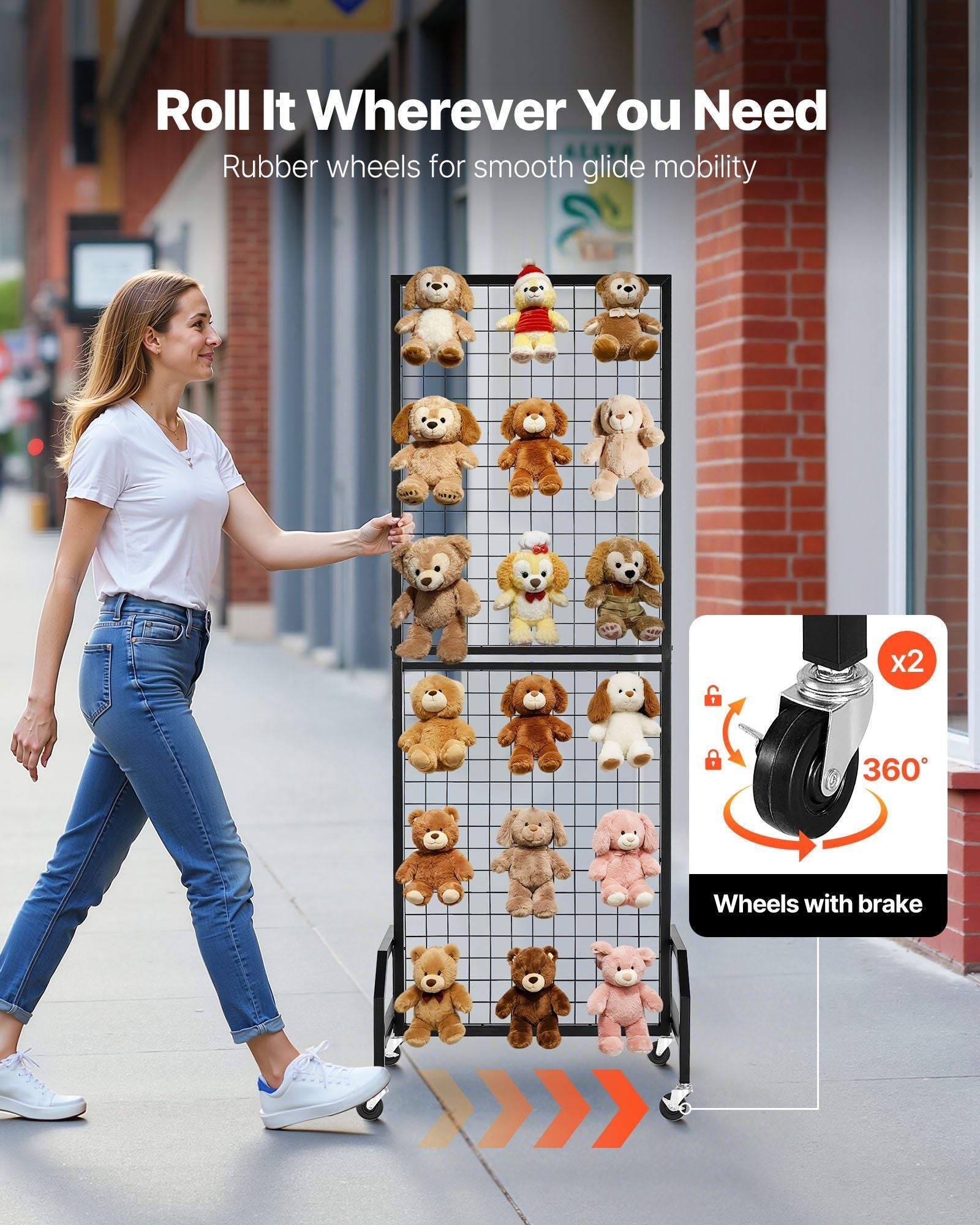 Grid Wall Panel, 1.9 x 5.4 ft Wire Grid Panels Display Rack, Movable Art Display Shelf with Wheels and 10 Hooks, Black Carbon Steel Gridwall for Craft Show, Decoration, Storage, Notice Board - Task & Tether