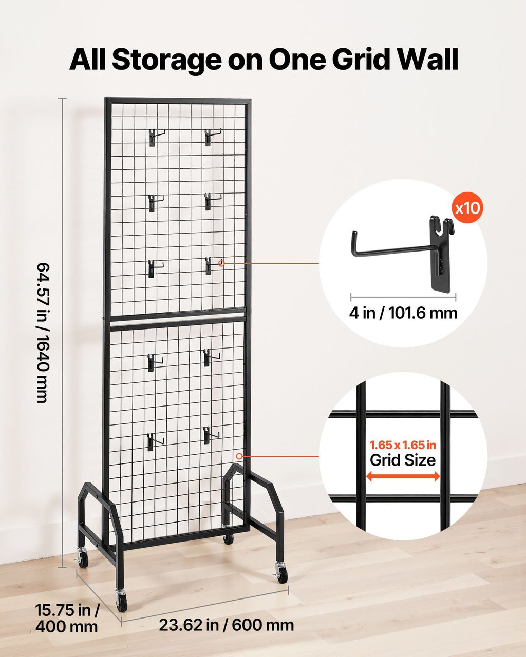 Grid Wall Panel, 1.9 x 5.4 ft Wire Grid Panels Display Rack, Movable Art Display Shelf with Wheels and 10 Hooks, Black Carbon Steel Gridwall for Craft Show, Decoration, Storage, Notice Board - Task & Tether