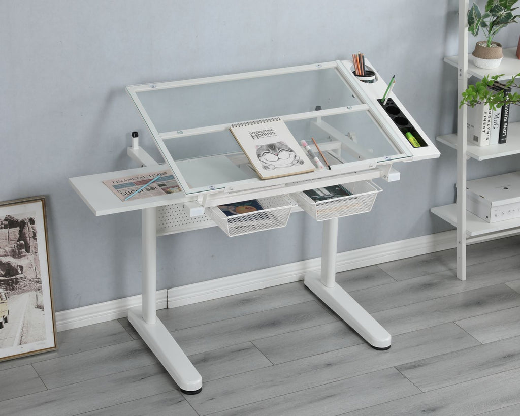 hand crank adjustable drafting table drawing desk with 2 metal drawers (white)WITH STOOL - Task & Tether