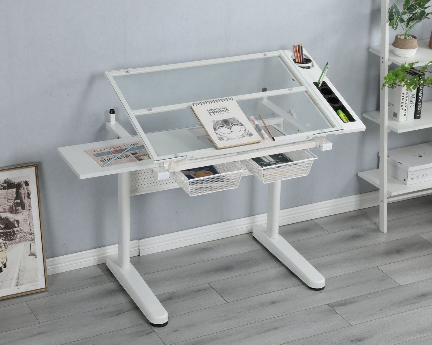hand crank adjustable drafting table drawing desk with 2 metal drawers (white)WITH STOOL - Task & Tether