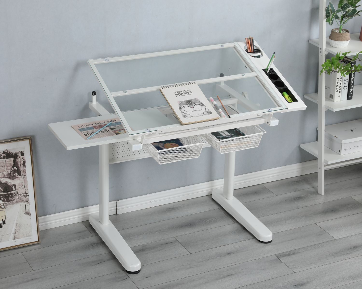 hand crank adjustable drafting table drawing desk with 2 metal drawers (white)WITH STOOL - Task & Tether