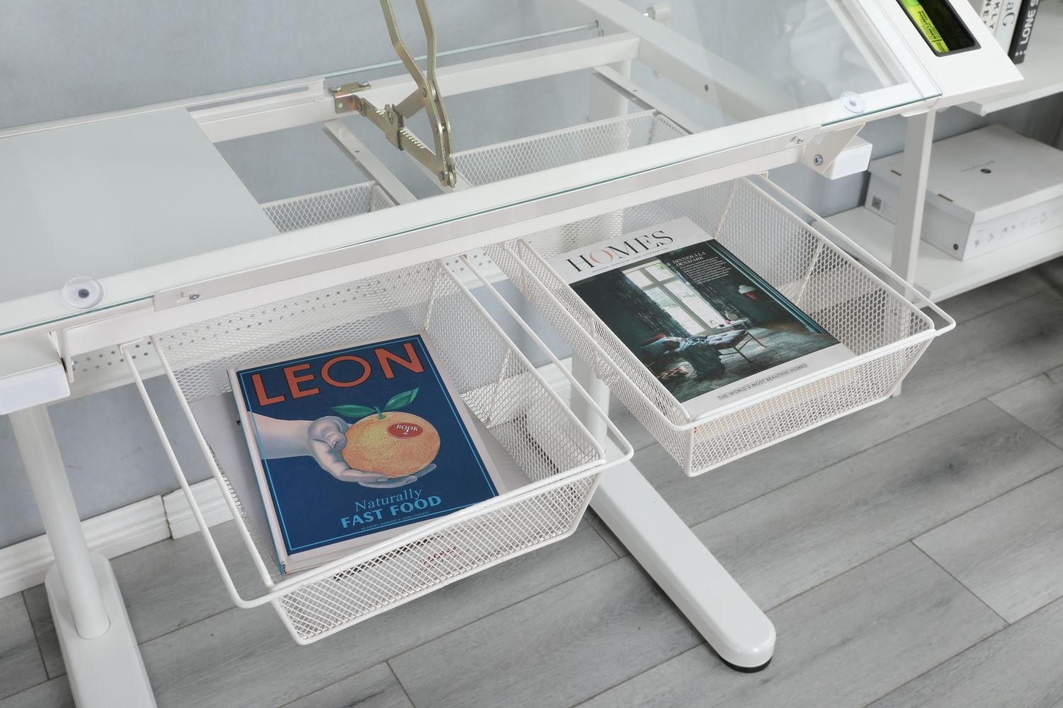 hand crank adjustable drafting table drawing desk with 2 metal drawers (white)WITH STOOL - Task & Tether