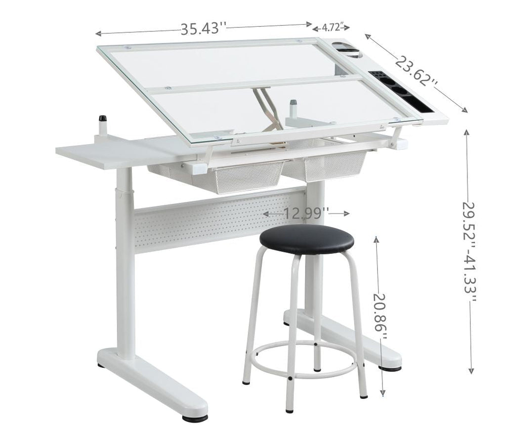 hand crank adjustable drafting table drawing desk with 2 metal drawers (white)WITH STOOL - Task & Tether