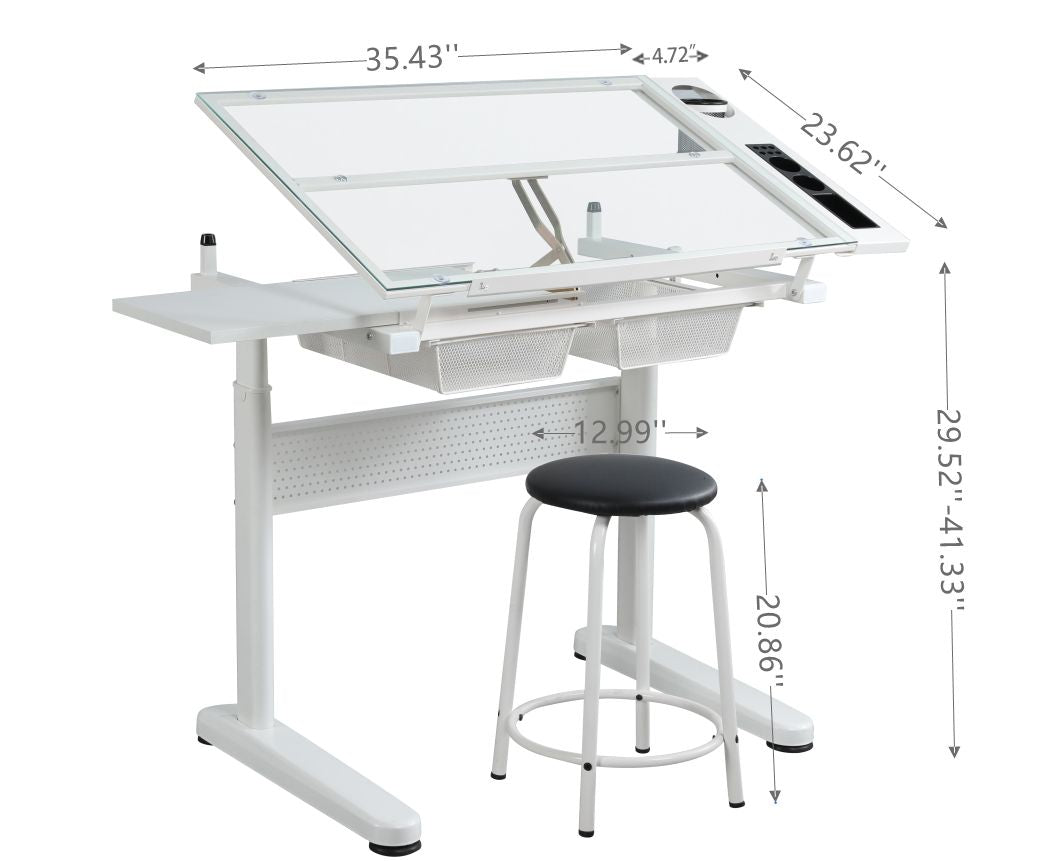 hand crank adjustable drafting table drawing desk with 2 metal drawers (white)WITH STOOL - Task & Tether