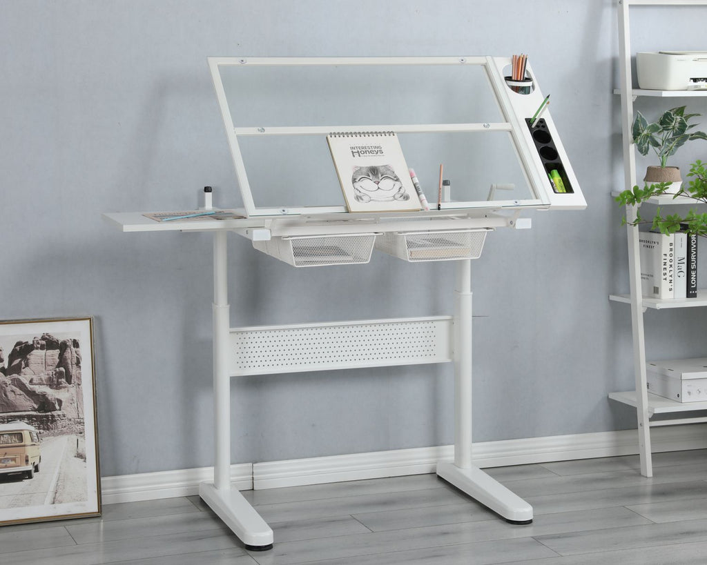 hand crank adjustable drafting table drawing desk with 2 metal drawers (white)WITH STOOL - Task & Tether