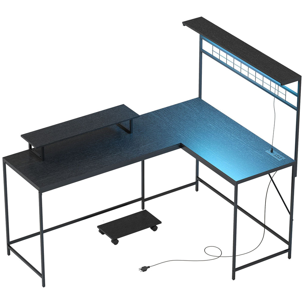 HOMCOM 61.6" L Shaped Gaming Desk with Power Outlets & LED Lights, Computer Desk with Monitor Stand and CPU Shelf, Black - Task & Tether