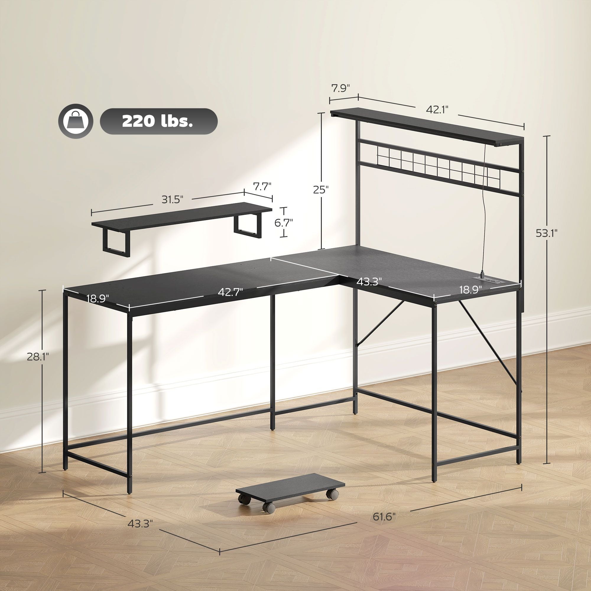 HOMCOM 61.6" L Shaped Gaming Desk with Power Outlets & LED Lights, Computer Desk with Monitor Stand and CPU Shelf, Black - Task & Tether