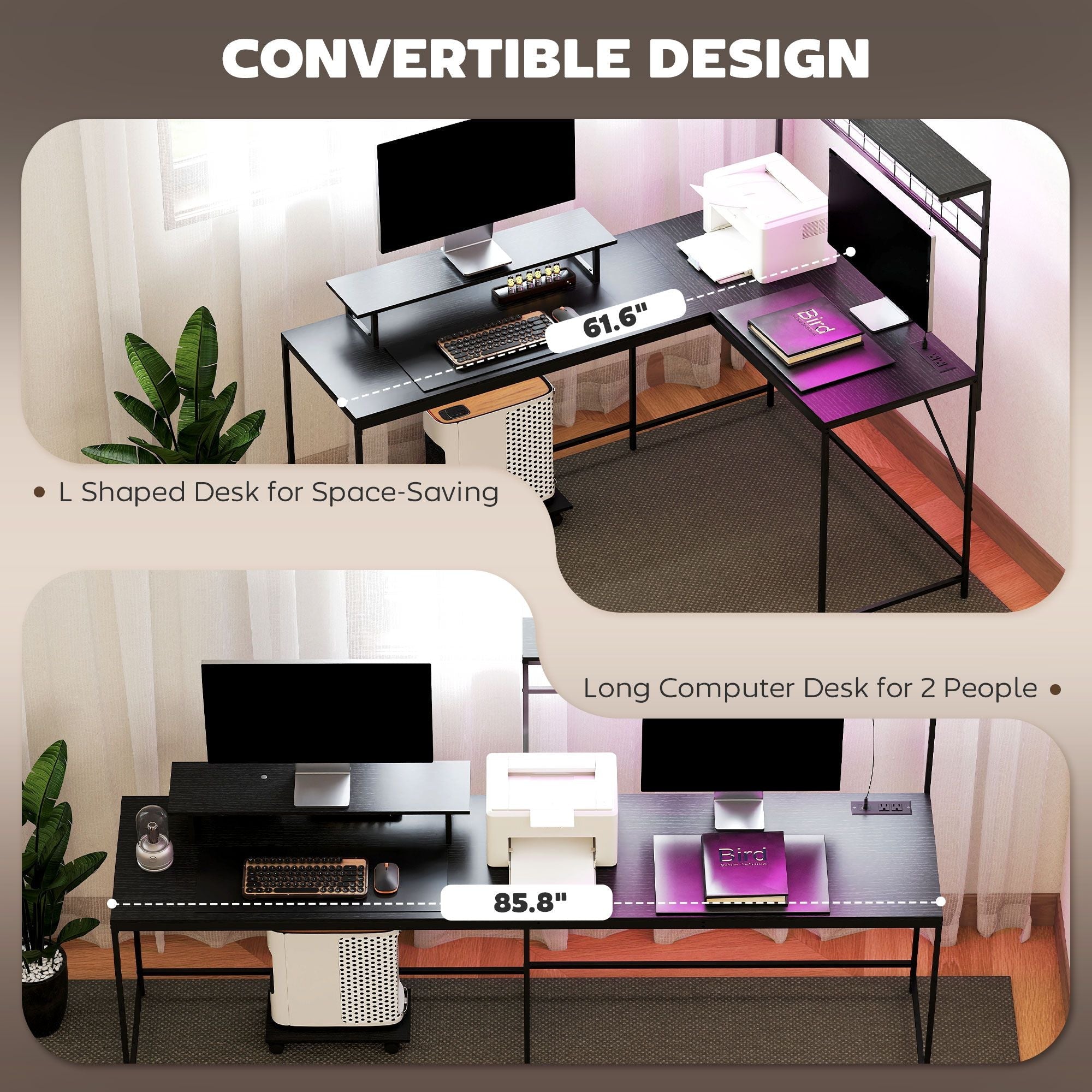 HOMCOM 61.6" L Shaped Gaming Desk with Power Outlets & LED Lights, Computer Desk with Monitor Stand and CPU Shelf, Black - Task & Tether