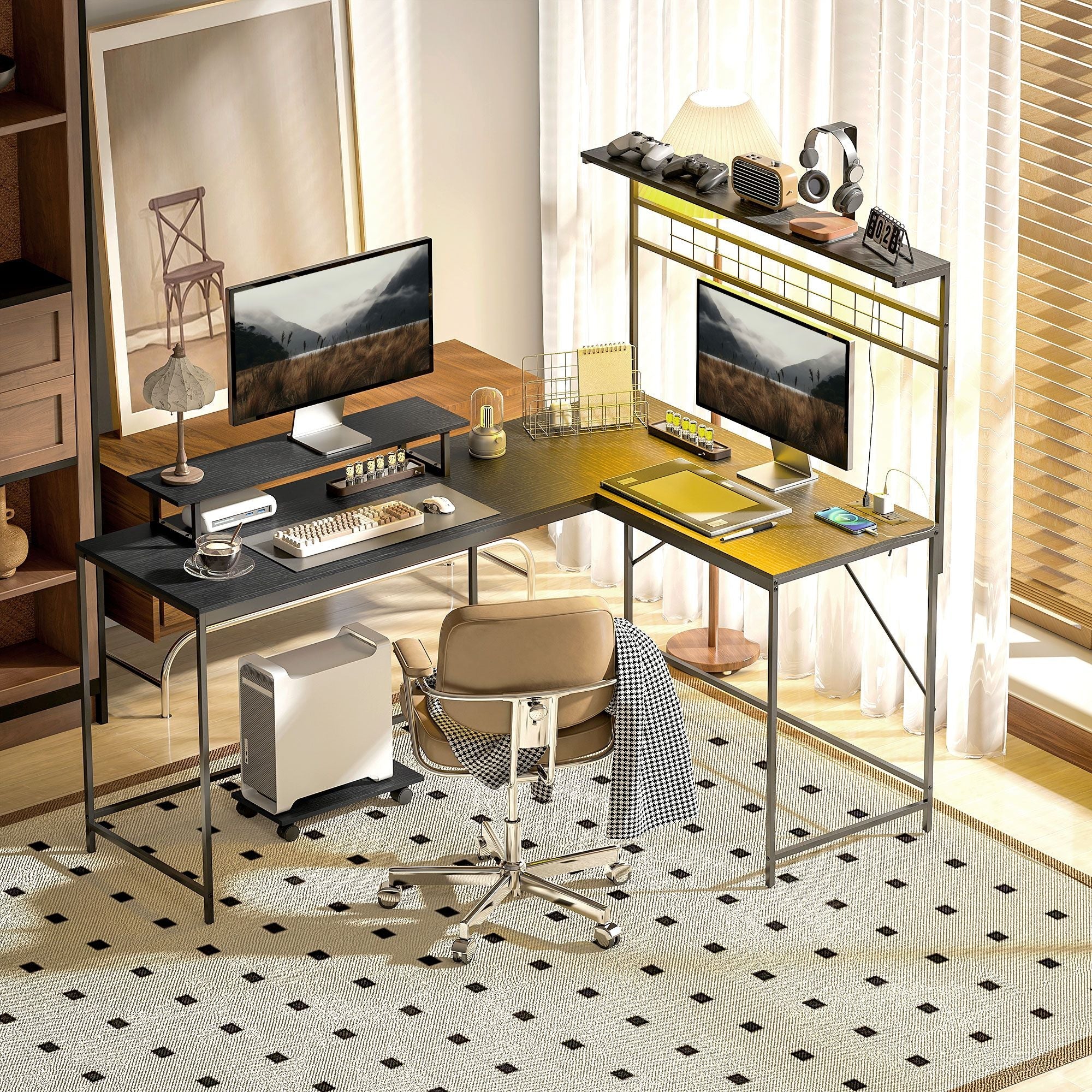 HOMCOM 61.6" L Shaped Gaming Desk with Power Outlets & LED Lights, Computer Desk with Monitor Stand and CPU Shelf, Black - Task & Tether