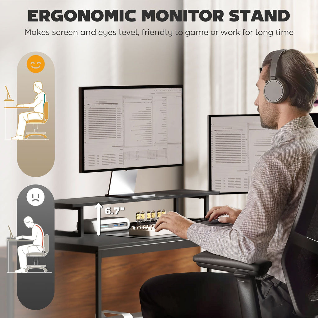 HOMCOM 61.6" L Shaped Gaming Desk with Power Outlets & LED Lights, Computer Desk with Monitor Stand and CPU Shelf, Black - Task & Tether