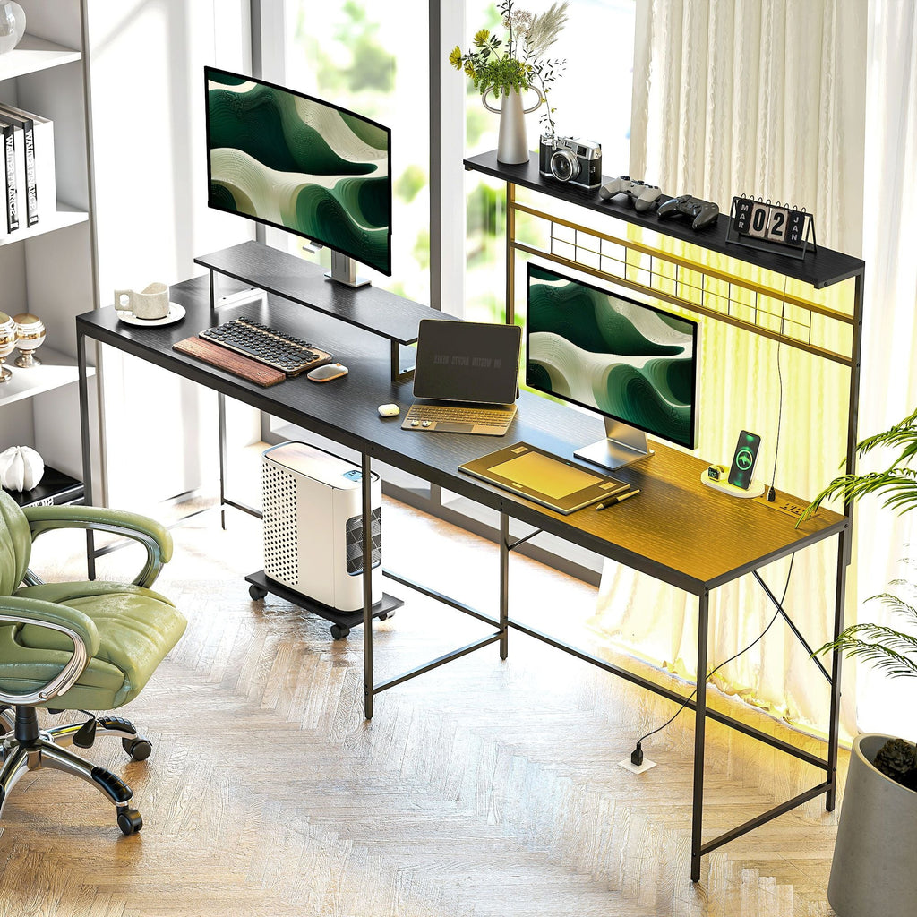 HOMCOM 61.6" L Shaped Gaming Desk with Power Outlets & LED Lights, Computer Desk with Monitor Stand and CPU Shelf, Black - Task & Tether