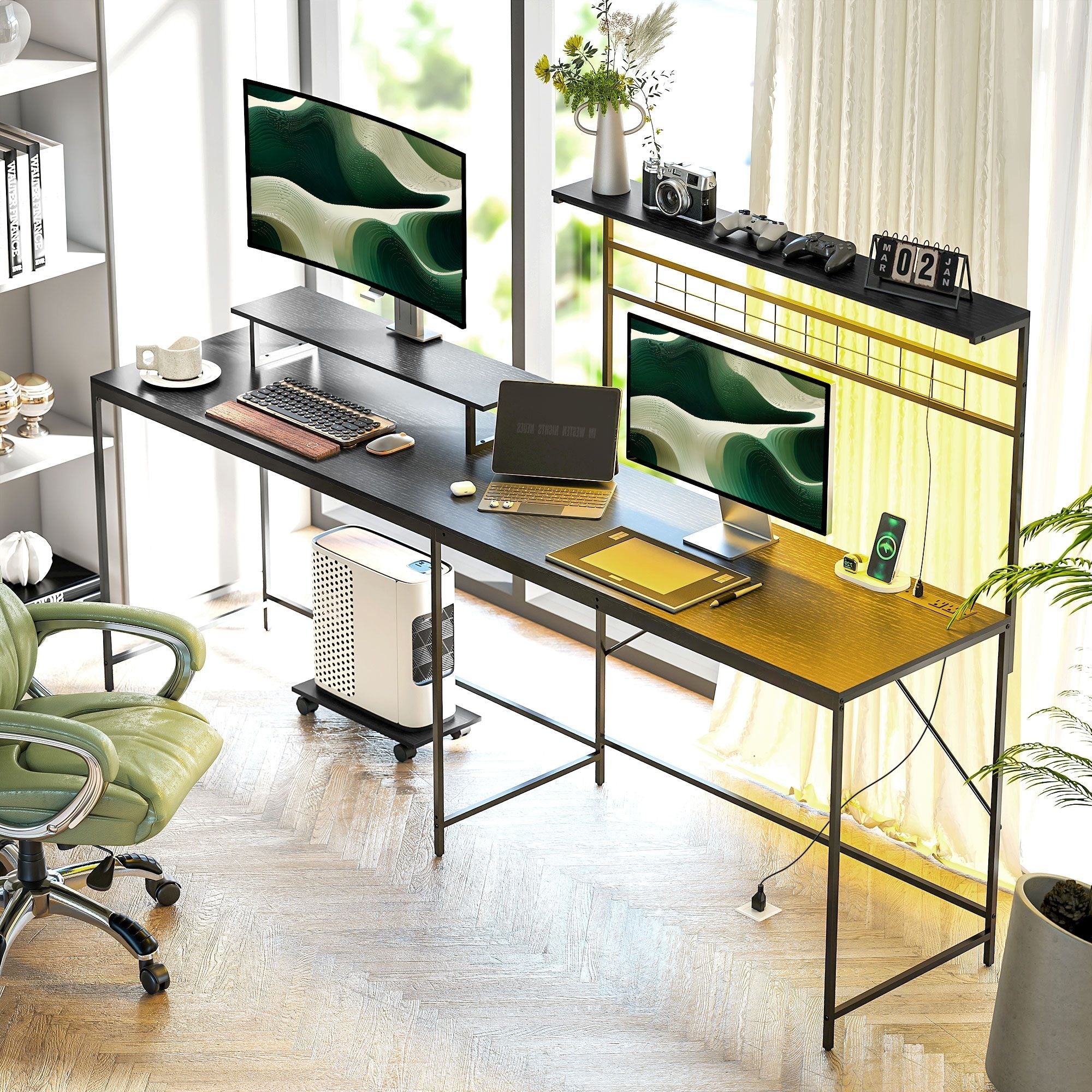 HOMCOM 61.6" L Shaped Gaming Desk with Power Outlets & LED Lights, Computer Desk with Monitor Stand and CPU Shelf, Black - Task & Tether