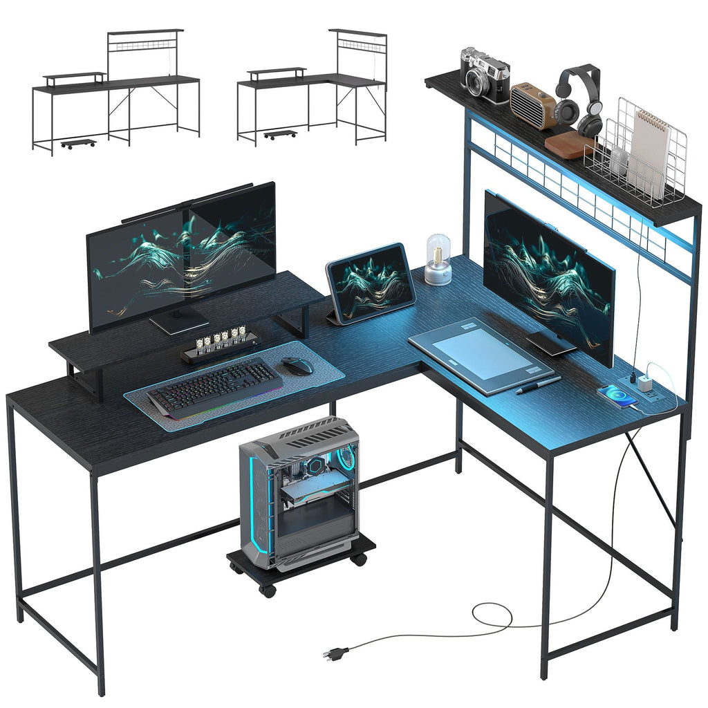 HOMCOM 61.6" L Shaped Gaming Desk with Power Outlets & LED Lights, Computer Desk with Monitor Stand and CPU Shelf, Black - Task & Tether