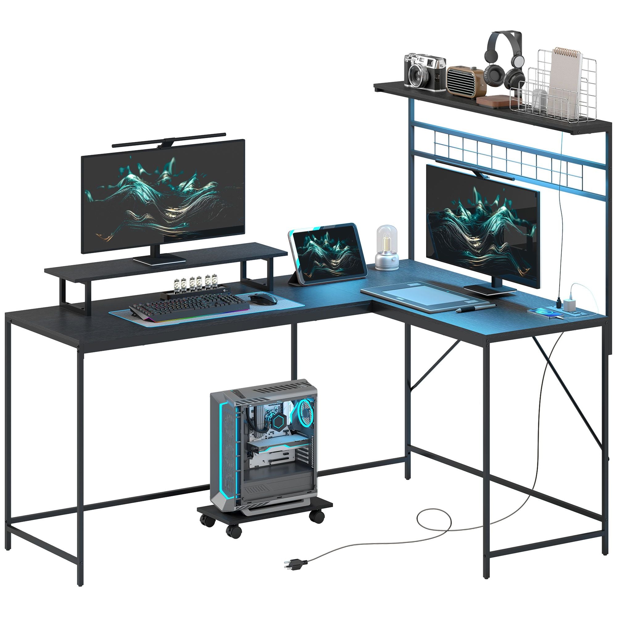 HOMCOM 61.6" L Shaped Gaming Desk with Power Outlets & LED Lights, Computer Desk with Monitor Stand and CPU Shelf, Black - Task & Tether