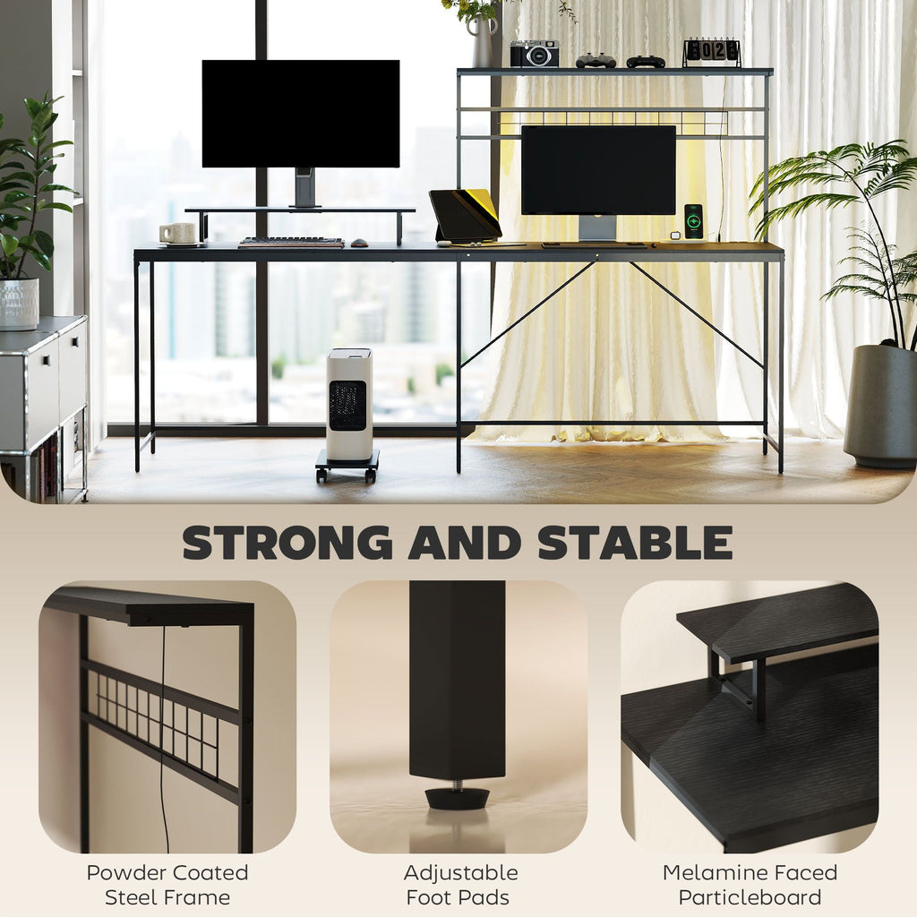 HOMCOM 61.6" L Shaped Gaming Desk with Power Outlets & LED Lights, Computer Desk with Monitor Stand and CPU Shelf, Black - Task & Tether