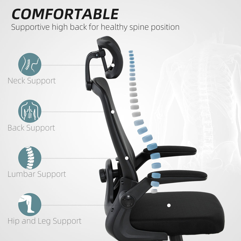 HOMCOM Mesh Office Chair, Ergonomic Desk Chair with Flip - up Armrest, Rotatable Headrest, Adjustable Lumbar Support, Black - Task & Tether