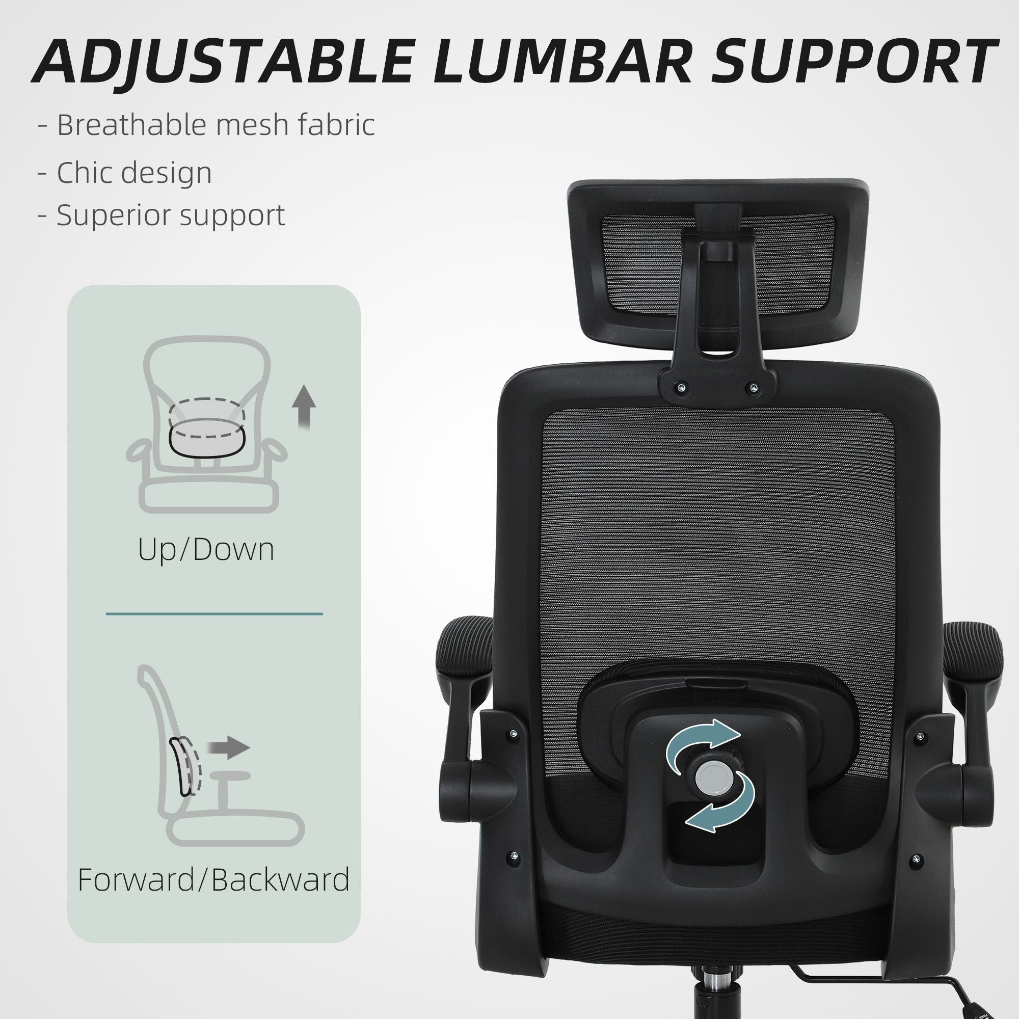 HOMCOM Mesh Office Chair, Ergonomic Desk Chair with Flip - up Armrest, Rotatable Headrest, Adjustable Lumbar Support, Black - Task & Tether