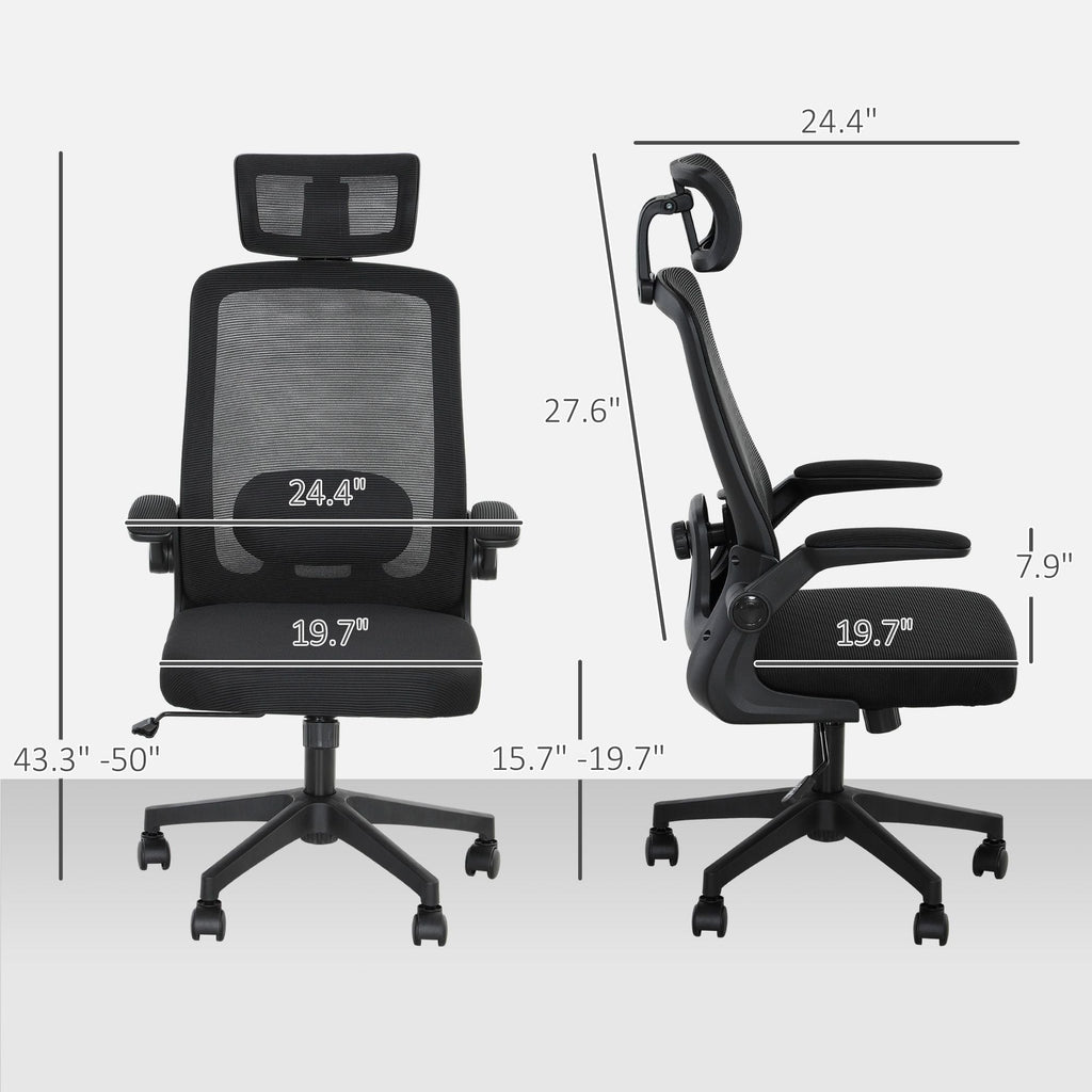 HOMCOM Mesh Office Chair, Ergonomic Desk Chair with Flip - up Armrest, Rotatable Headrest, Adjustable Lumbar Support, Black - Task & Tether