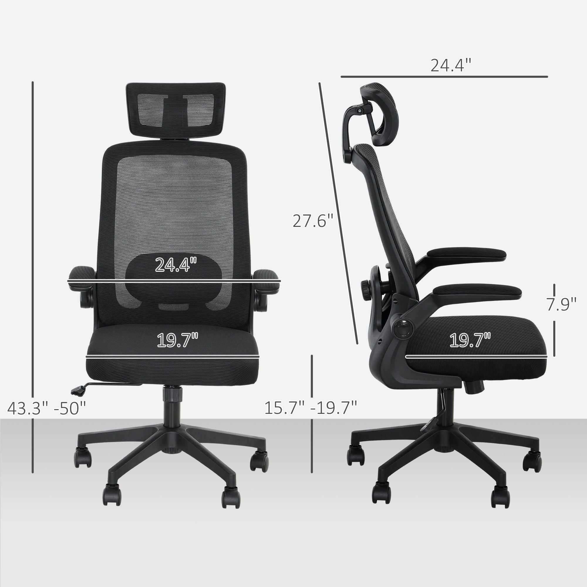 HOMCOM Mesh Office Chair, Ergonomic Desk Chair with Flip - up Armrest, Rotatable Headrest, Adjustable Lumbar Support, Black - Task & Tether