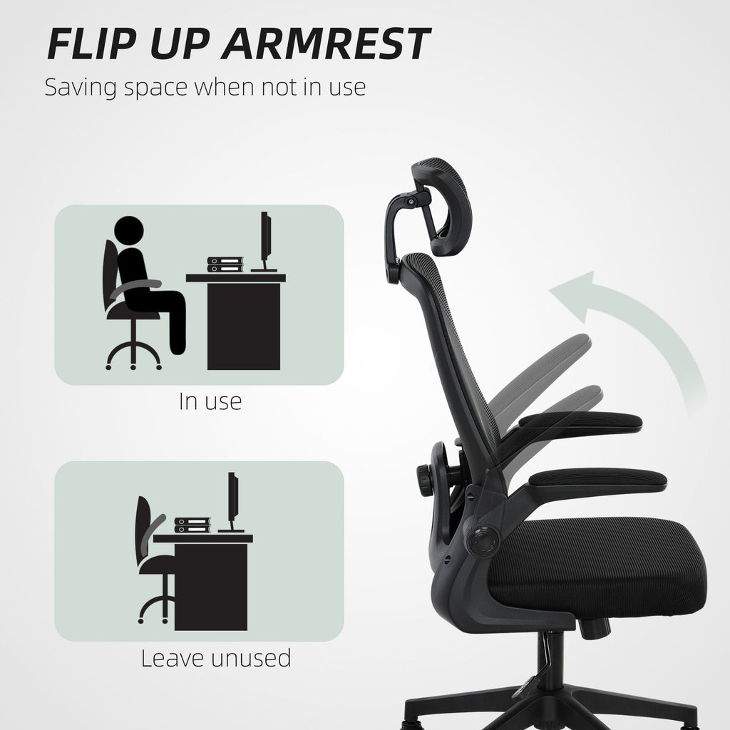 HOMCOM Mesh Office Chair, Ergonomic Desk Chair with Flip - up Armrest, Rotatable Headrest, Adjustable Lumbar Support, Black - Task & Tether