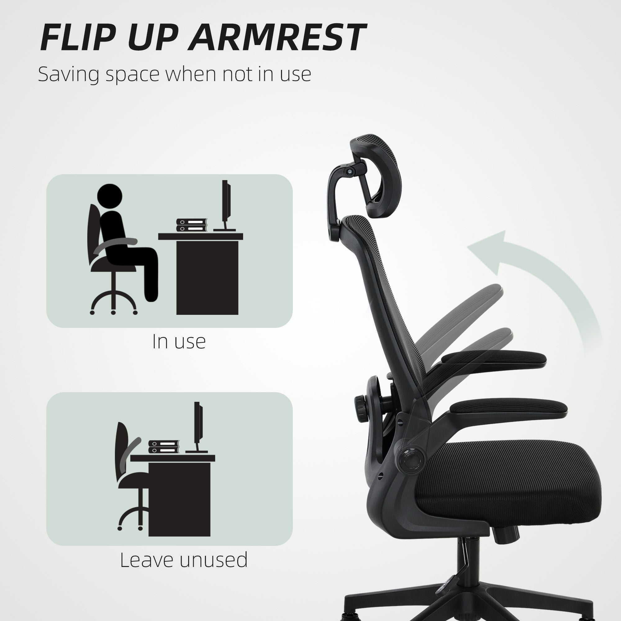 HOMCOM Mesh Office Chair, Ergonomic Desk Chair with Flip - up Armrest, Rotatable Headrest, Adjustable Lumbar Support, Black - Task & Tether