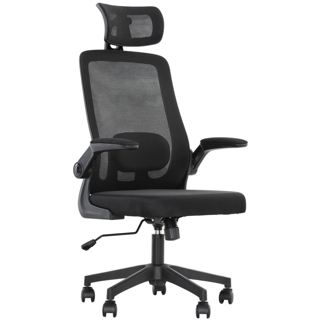 HOMCOM Mesh Office Chair, Ergonomic Desk Chair with Flip - up Armrest, Rotatable Headrest, Adjustable Lumbar Support, Black - Task & Tether