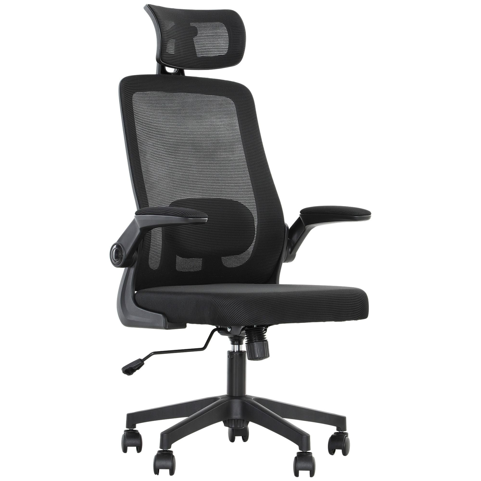 HOMCOM Mesh Office Chair, Ergonomic Desk Chair with Flip - up Armrest, Rotatable Headrest, Adjustable Lumbar Support, Black - Task & Tether