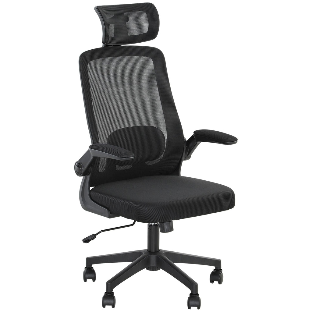 HOMCOM Mesh Office Chair, Ergonomic Desk Chair with Flip - up Armrest, Rotatable Headrest, Adjustable Lumbar Support, Black - Task & Tether