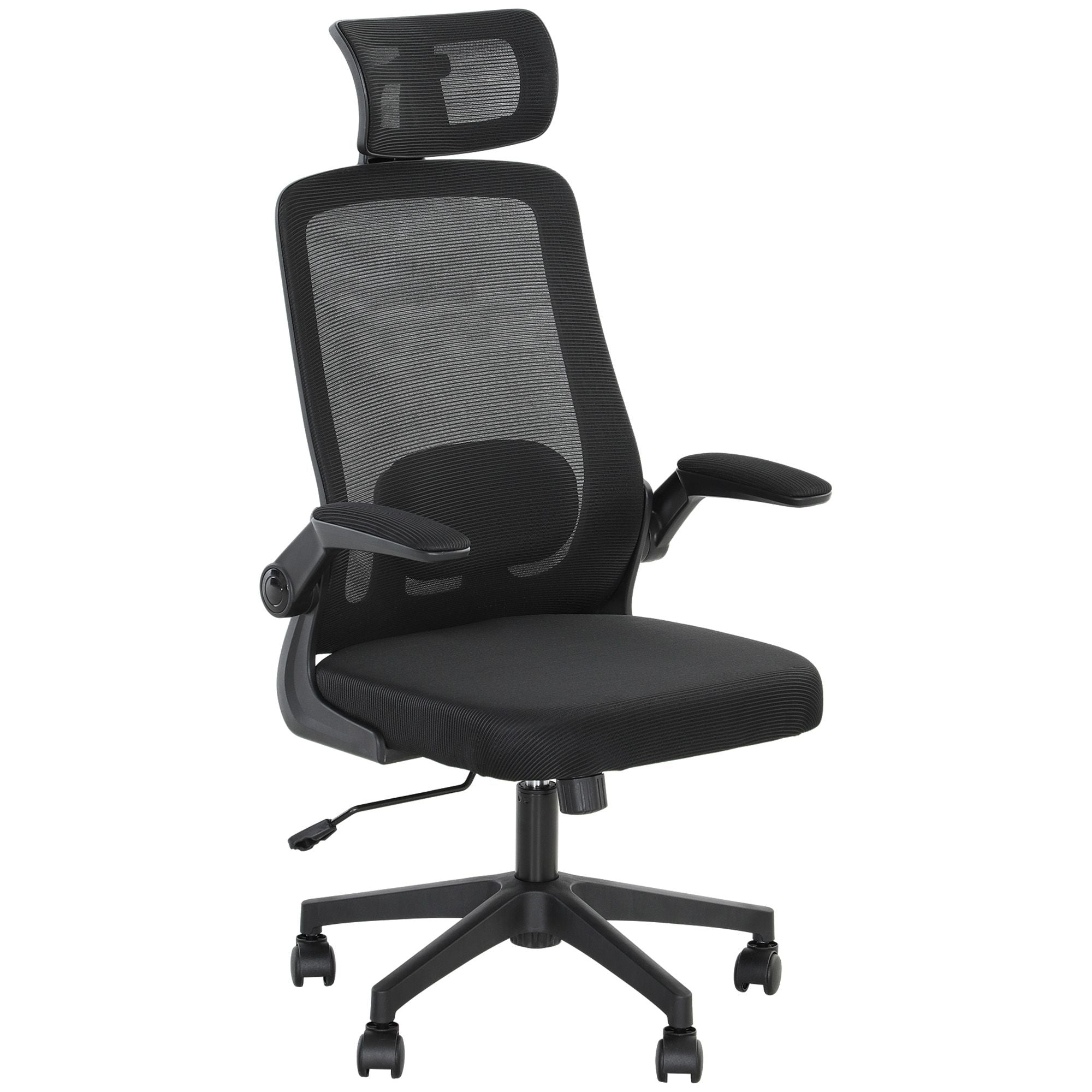 HOMCOM Mesh Office Chair, Ergonomic Desk Chair with Flip - up Armrest, Rotatable Headrest, Adjustable Lumbar Support, Black - Task & Tether