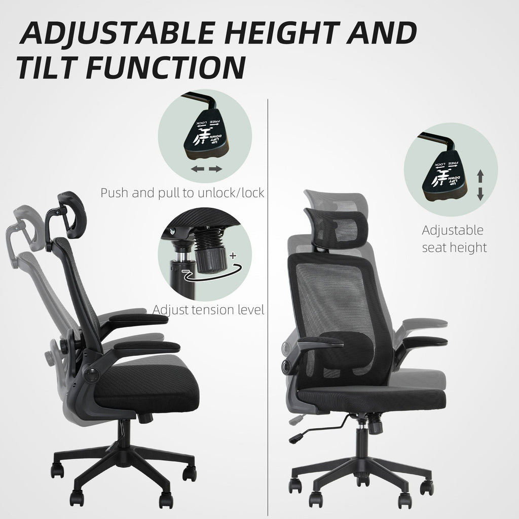 HOMCOM Mesh Office Chair, Ergonomic Desk Chair with Flip - up Armrest, Rotatable Headrest, Adjustable Lumbar Support, Black - Task & Tether