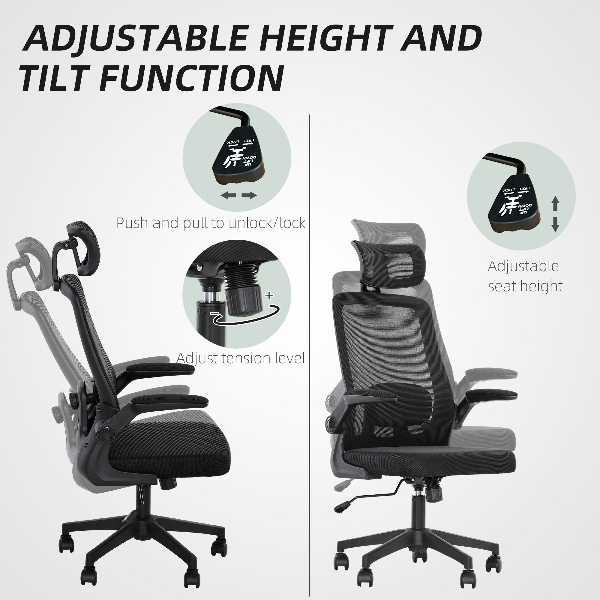 HOMCOM Mesh Office Chair, Ergonomic Desk Chair with Flip - up Armrest, Rotatable Headrest, Adjustable Lumbar Support, Black - Task & Tether
