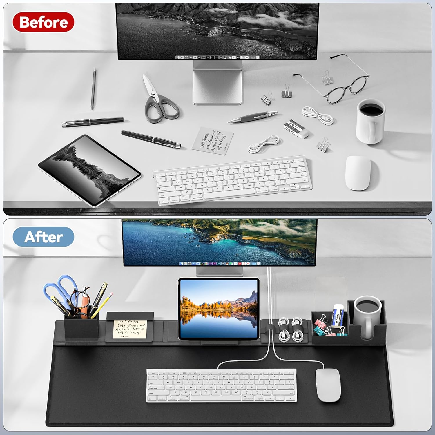 6-in-1 Desk Pad Mouse Mat Set with Desktop Storage - Home Office Organizer - Task & Tether