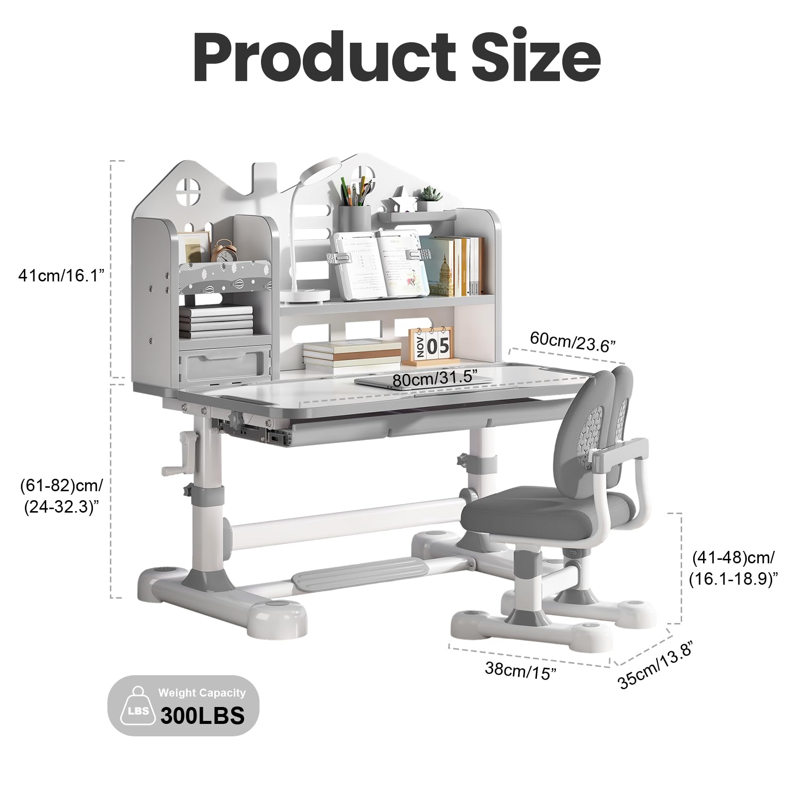 Ergonomic Kids Desk Set - Adjustable Study Desk & Chair - Grey - Task & Tether