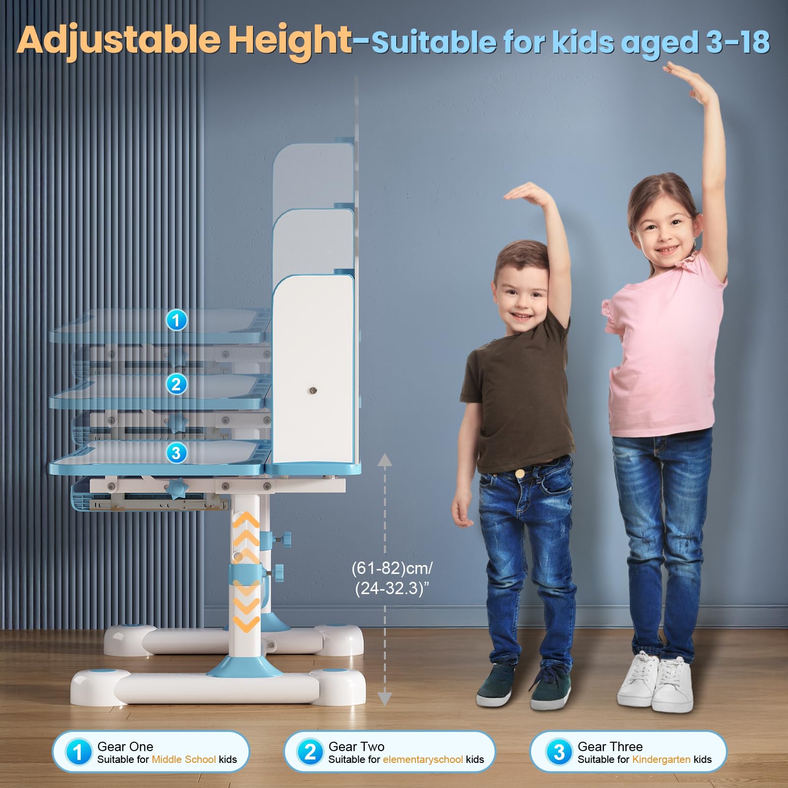 Ergonomic Kids Desk Set - Adjustable Study Desk & Chair - Grey - Task & Tether