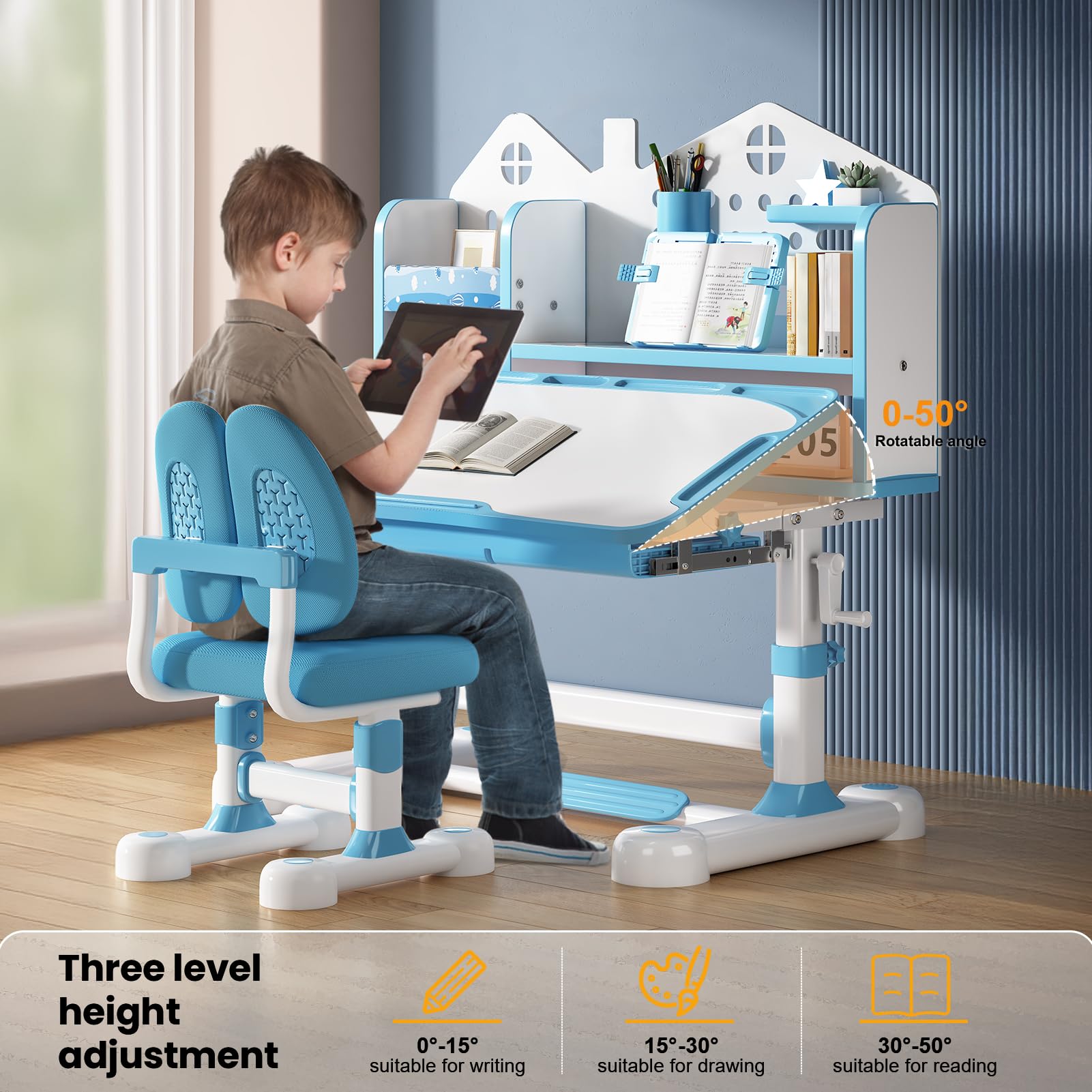 Ergonomic Kids Desk Set - Adjustable Study Desk & Chair - Grey - Task & Tether