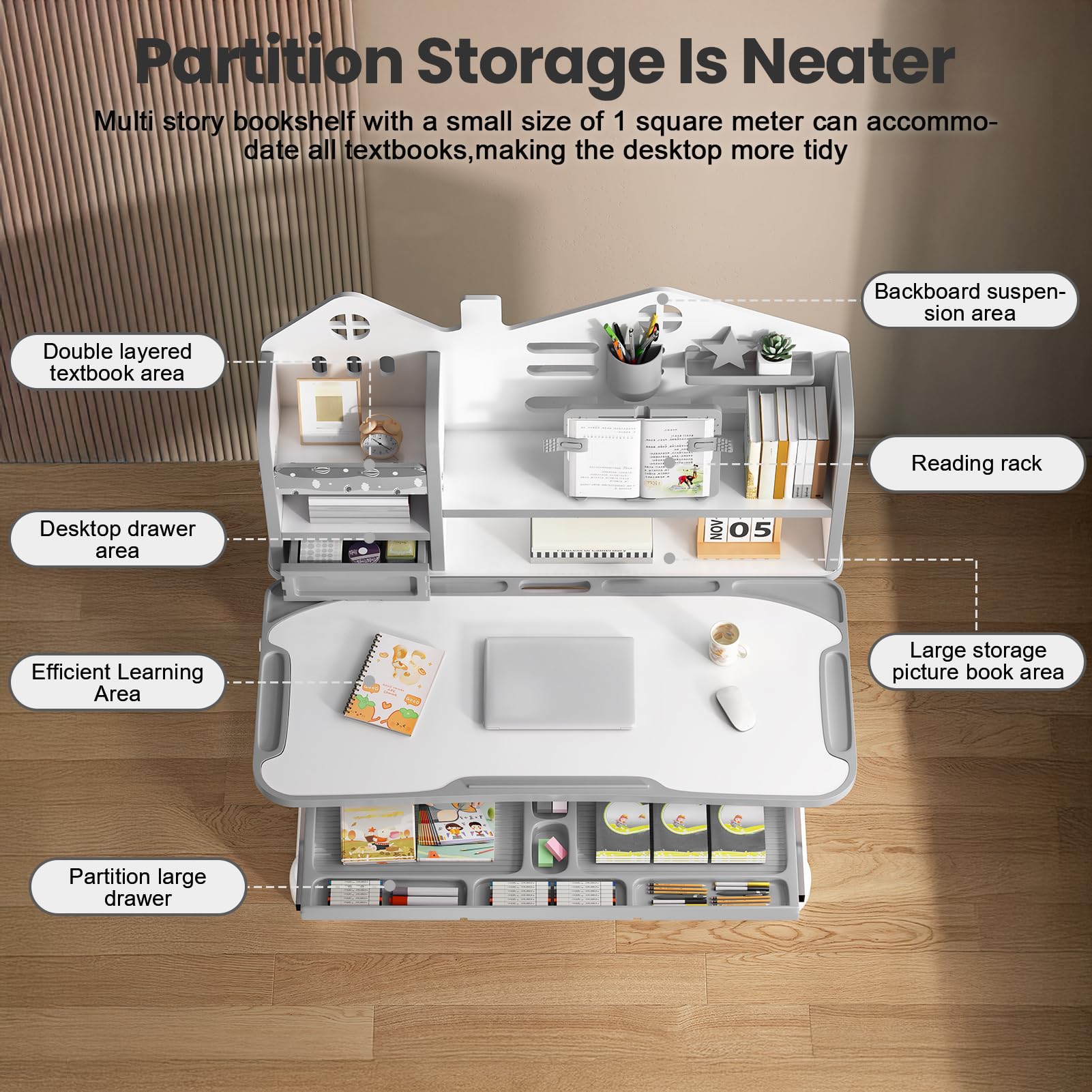 Ergonomic Kids Desk Set - Adjustable Study Desk & Chair - Grey - Task & Tether