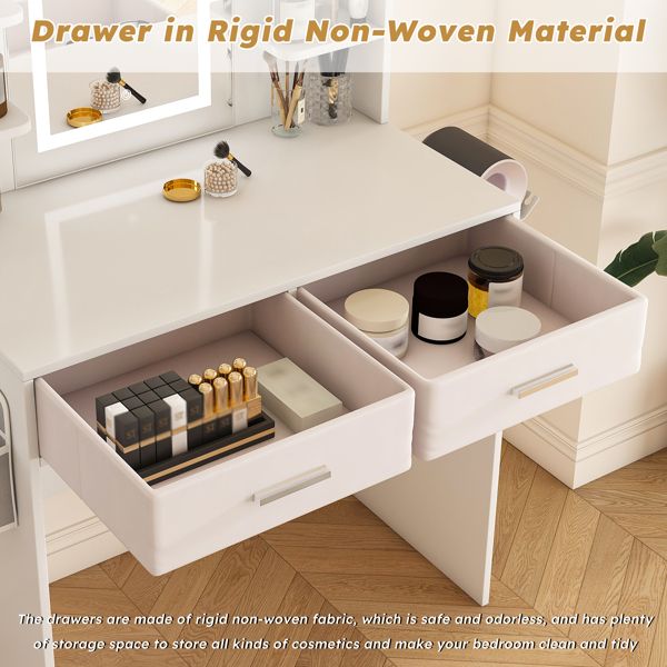 LED Mirror Vanity Dressing Table with Lights for Women & Girls - 3 - Color Adjustable Light Strips, 2 Large Drawers, Hair Dryer Stand & Non - Woven Storage Bag, Makeup Desk Bedroom Furniture - Task & Tether