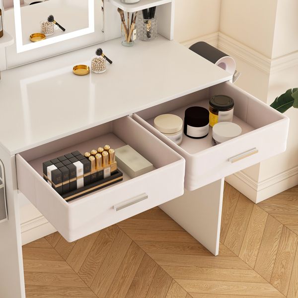 LED Mirror Vanity Dressing Table with Lights for Women & Girls - 3 - Color Adjustable Light Strips, 2 Large Drawers, Hair Dryer Stand & Non - Woven Storage Bag, Makeup Desk Bedroom Furniture - Task & Tether