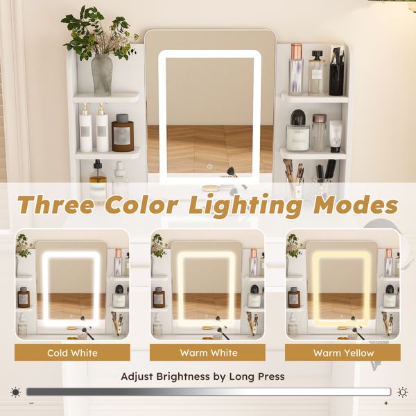 LED Mirror Vanity Dressing Table with Lights for Women & Girls - 3 - Color Adjustable Light Strips, 2 Large Drawers, Hair Dryer Stand & Non - Woven Storage Bag, Makeup Desk Bedroom Furniture - Task & Tether