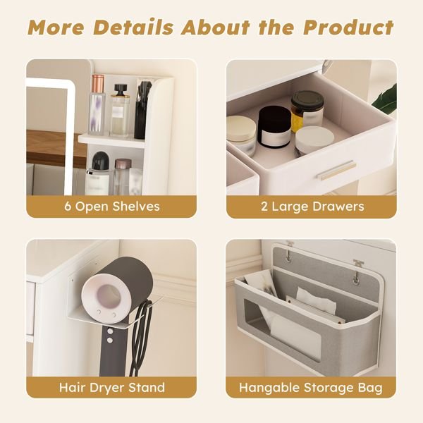 LED Mirror Vanity Dressing Table with Lights for Women & Girls - 3 - Color Adjustable Light Strips, 2 Large Drawers, Hair Dryer Stand & Non - Woven Storage Bag, Makeup Desk Bedroom Furniture - Task & Tether