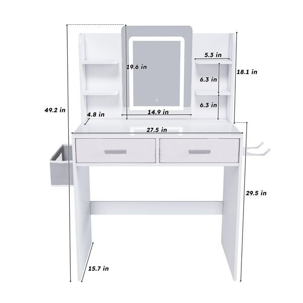 LED Mirror Vanity Dressing Table with Lights for Women & Girls - 3 - Color Adjustable Light Strips, 2 Large Drawers, Hair Dryer Stand & Non - Woven Storage Bag, Makeup Desk Bedroom Furniture - Task & Tether