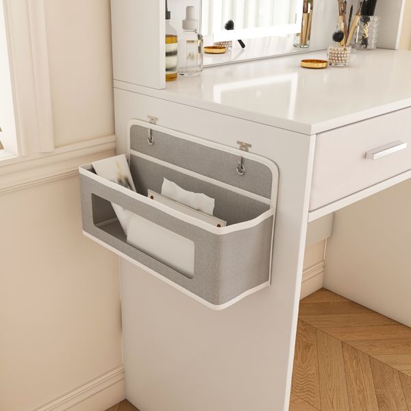 LED Mirror Vanity Dressing Table with Lights for Women & Girls - 3 - Color Adjustable Light Strips, 2 Large Drawers, Hair Dryer Stand & Non - Woven Storage Bag, Makeup Desk Bedroom Furniture - Task & Tether