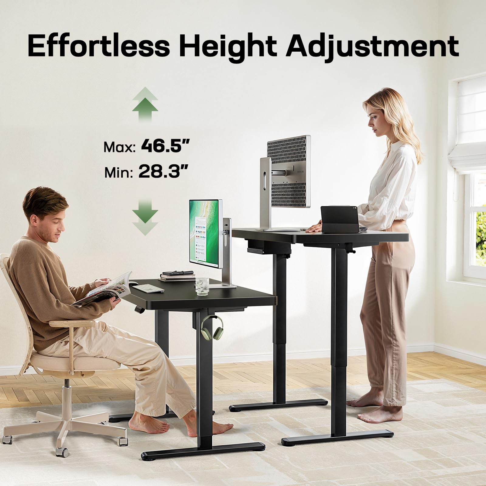 Height Adjustable Electric Standing Desk, Sit Stand Desk with Thickened Tabletop for Home Office - Task & Tether