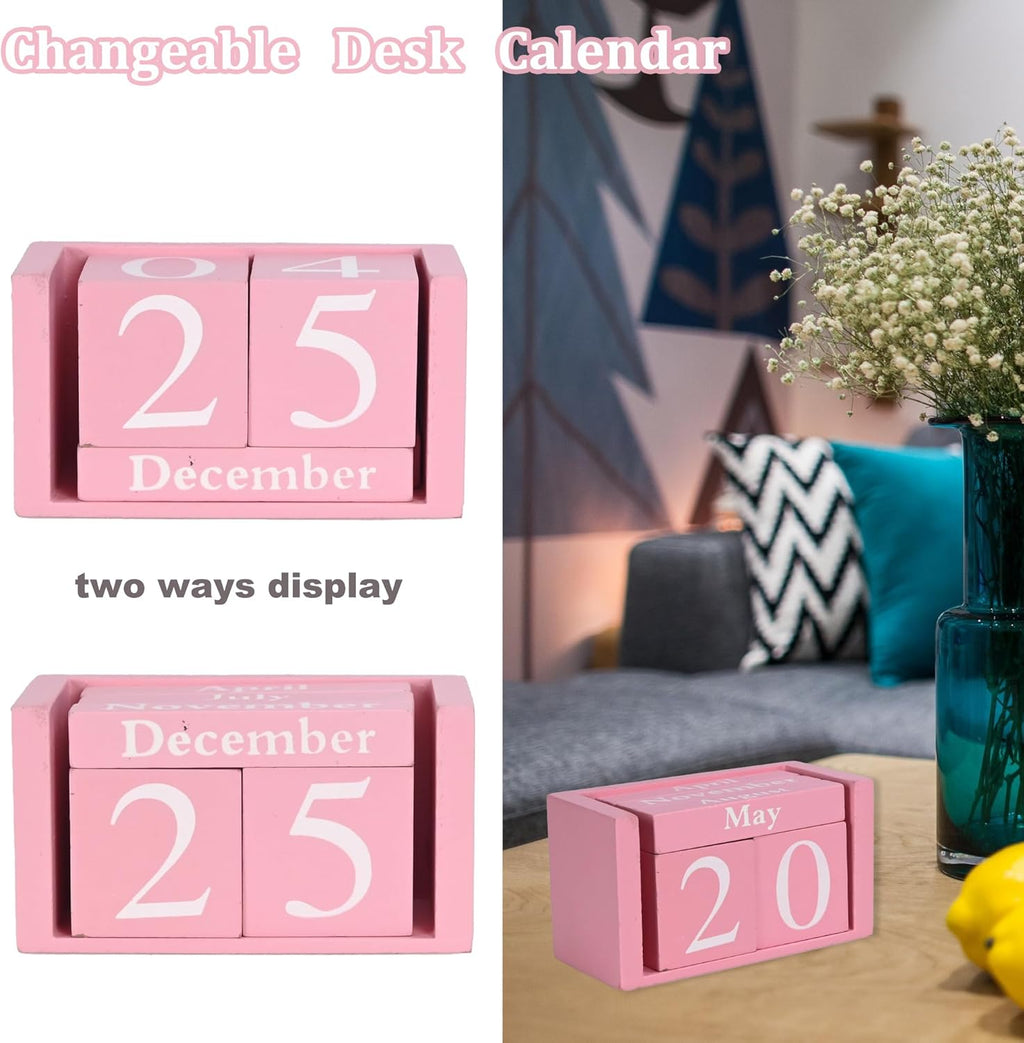 MICKYU Wooden Desk Calendar | Cute Office Desk Accessories Pink Room Decor for Women - Task & Tether