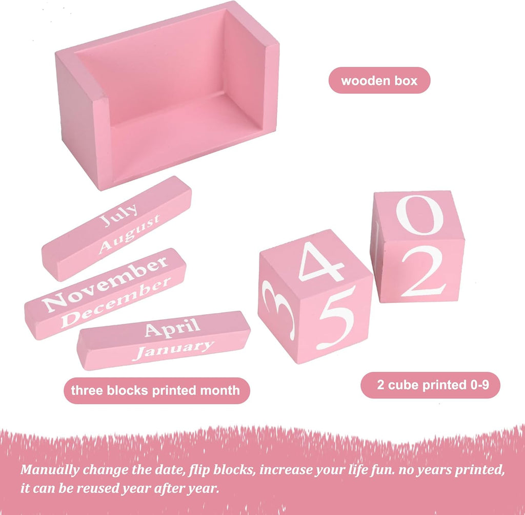 MICKYU Wooden Desk Calendar | Cute Office Desk Accessories Pink Room Decor for Women - Task & Tether