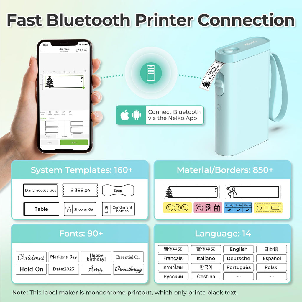 Nelko Wireless Bluetooth Label Maker Printer with Templates, White - Task & Tether