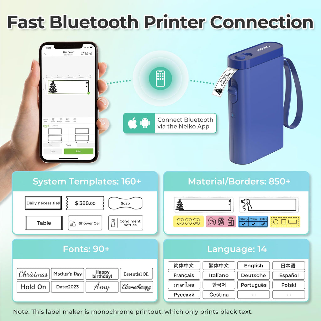 Nelko Wireless Bluetooth Label Maker Printer with Templates, White - Task & Tether