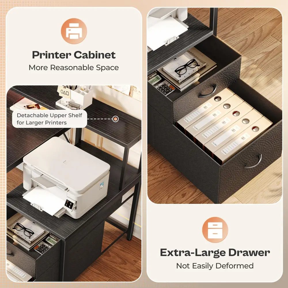 66 Inch L-Shaped Computer Desk with Power Outlets, Home Office, LED Lights, Fabric Drawers - Black - Task & Tether