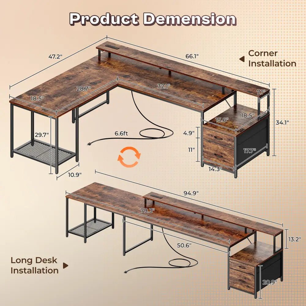 66 Inch L-Shaped Computer Desk with Power Outlets, Home Office, LED Lights, Fabric Drawers - Black - Task & Tether